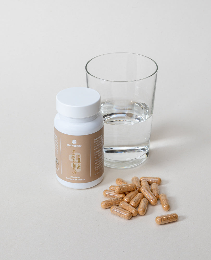 Produit BeHealthy - Summer Skin Prepare et un verre d&