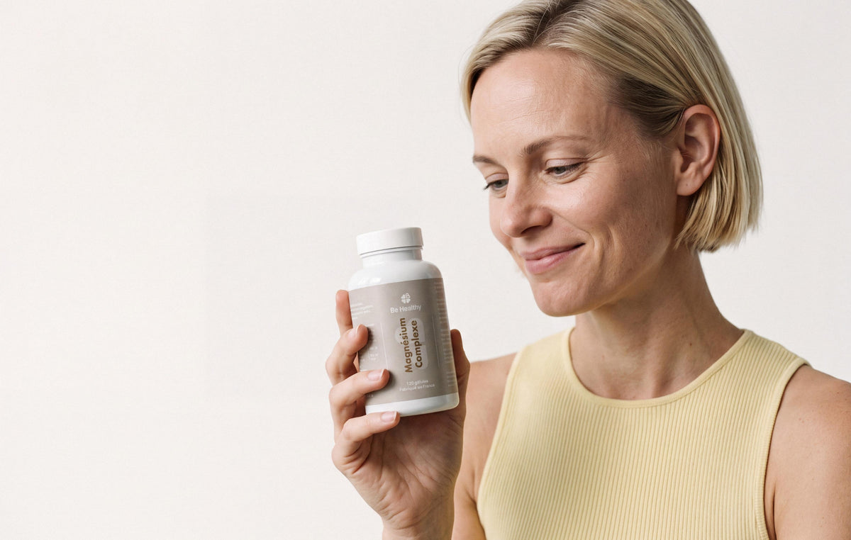 Femme souriante regardant le flacon de Magnésium Complexe qu'elle tient à la main, fond clair, Be Healthy